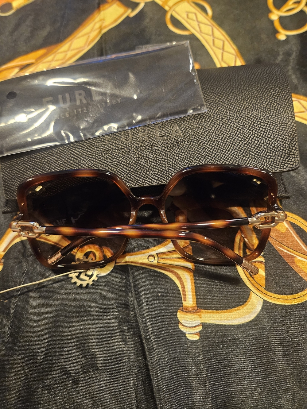 Furla Brown Tortoiseshell Rectangle Sunglasses with Gold Accents